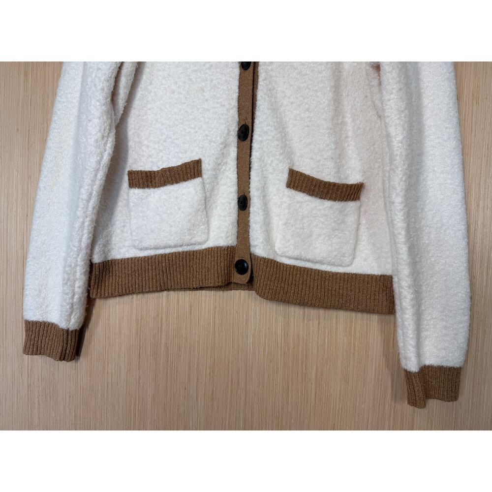 Loft Plush Ribbed Trim Cardigan Sweater Size Large Cream Tan Preppy Minimalist - Picture 3 of 10